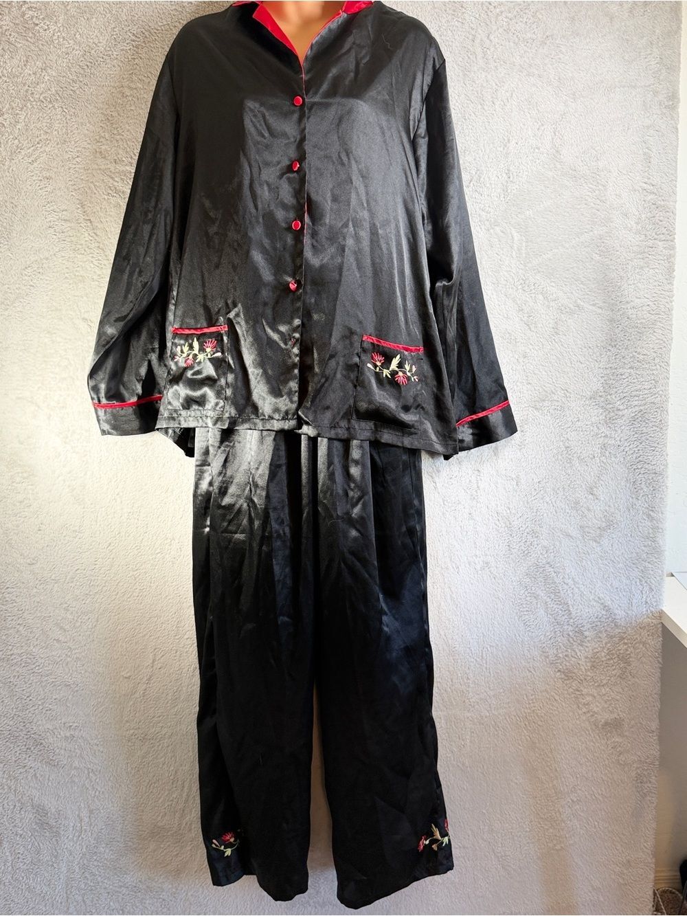 Flora Nikrooz Black Satin Embroidered Pajama Pants Set with Red Trim L